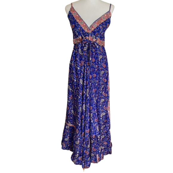 Vintage Silk Maxi Dress Vibrant Blue Red Paisley  Boho Festival 90s Y2K Romantic - Picture 6 of 8